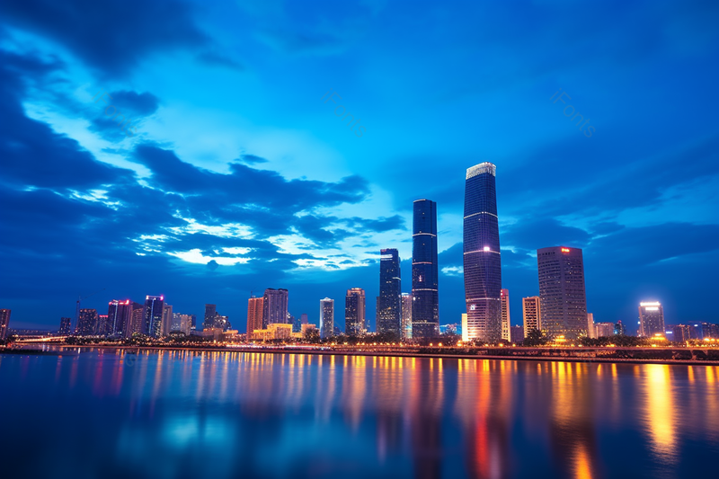 高楼大厦蓝色夜晚城市夜景灯光岸边江景倒影广角摄影图,高清,摄影图,摄影图片,图片大全,摄影图免费下载